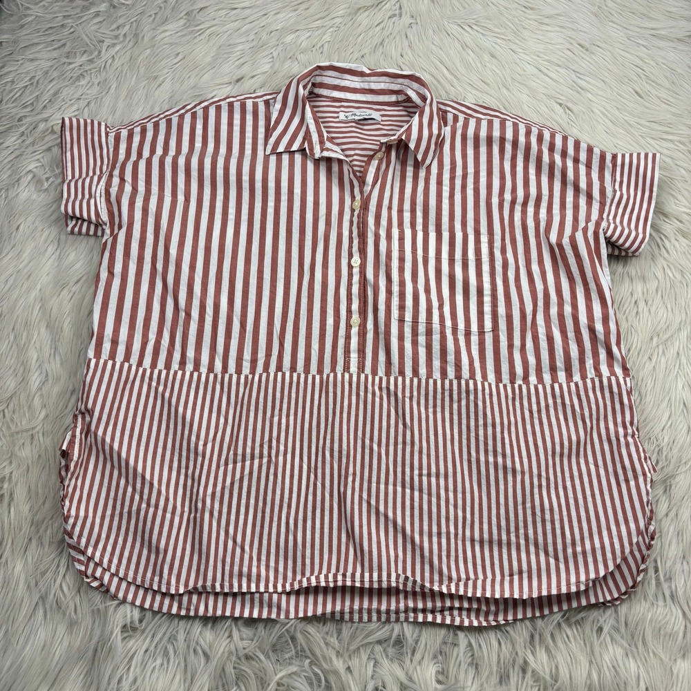 Madewell Women's XS Oversized Red Orange Daily Shirt in Stripe-Play Preppy Artsy